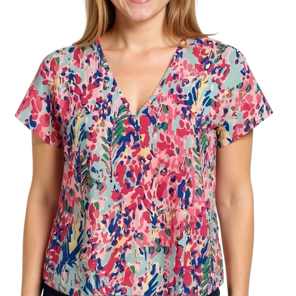 Lilly Pulitzer looking Pink and Blue V-Neck Blouse